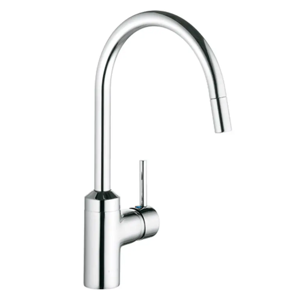 Hochglänzender Chrom-Wasserhahn mit herausziehbarem Auslauf und seitlichem Hebel von Kludi, geeignet für die Montage an Spültischen.